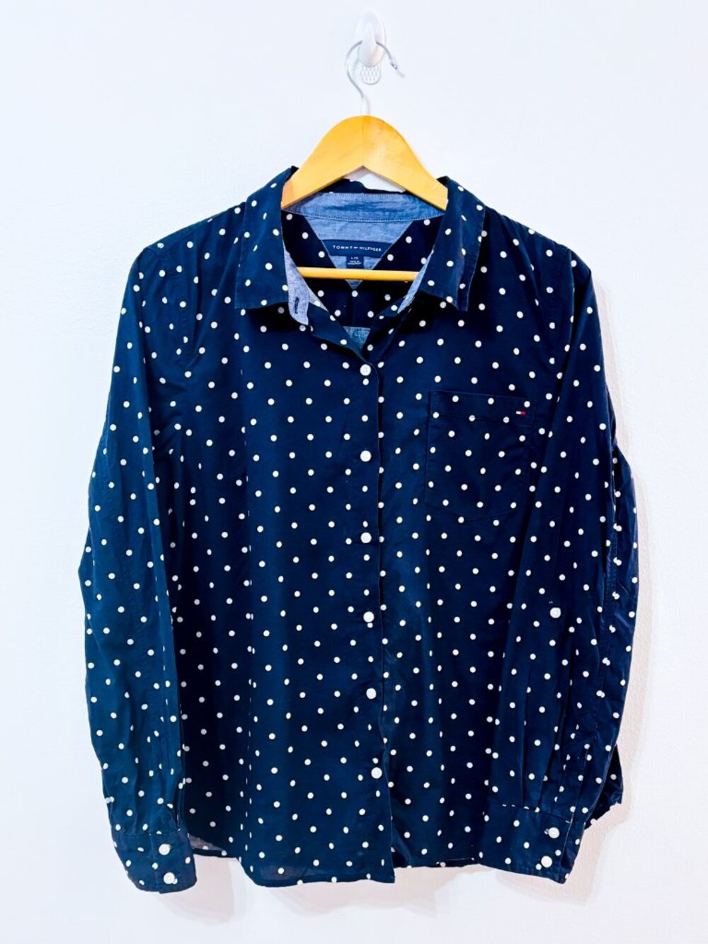 TOMMY‎ HILFIGER Navy White Polka Dot Cotton Long Sleeve Shirt Large
